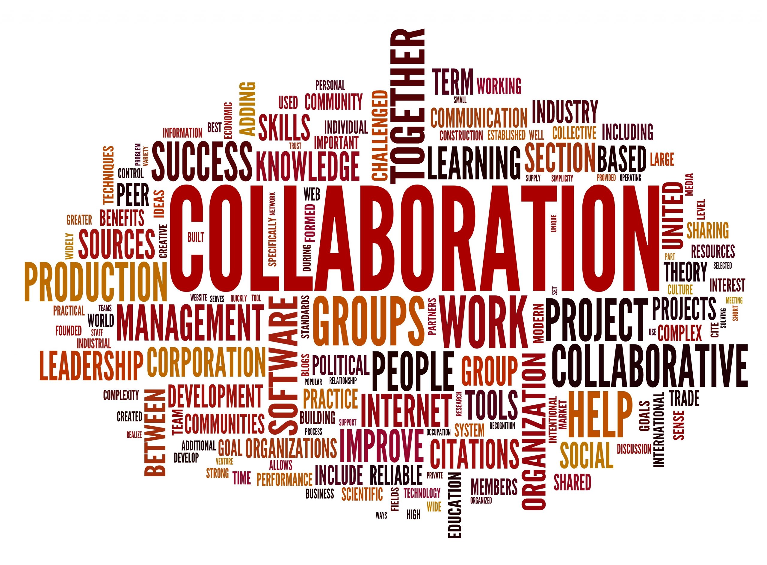  A word cloud image with red and brown text on a white background. The words are related to collaboration, teamwork, and communication.